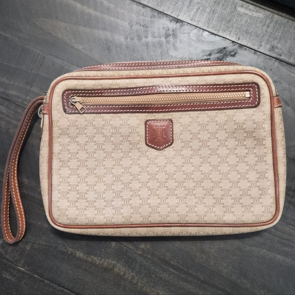 Celine Vintage Macadam Canvas Clutch – Brown Leather Trim - Picture 2 of 16